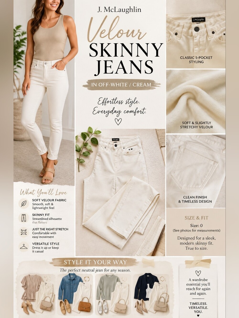 J. McLaughlin Velour Skinny Jeans Cream Off White Stretch Pants Size 0